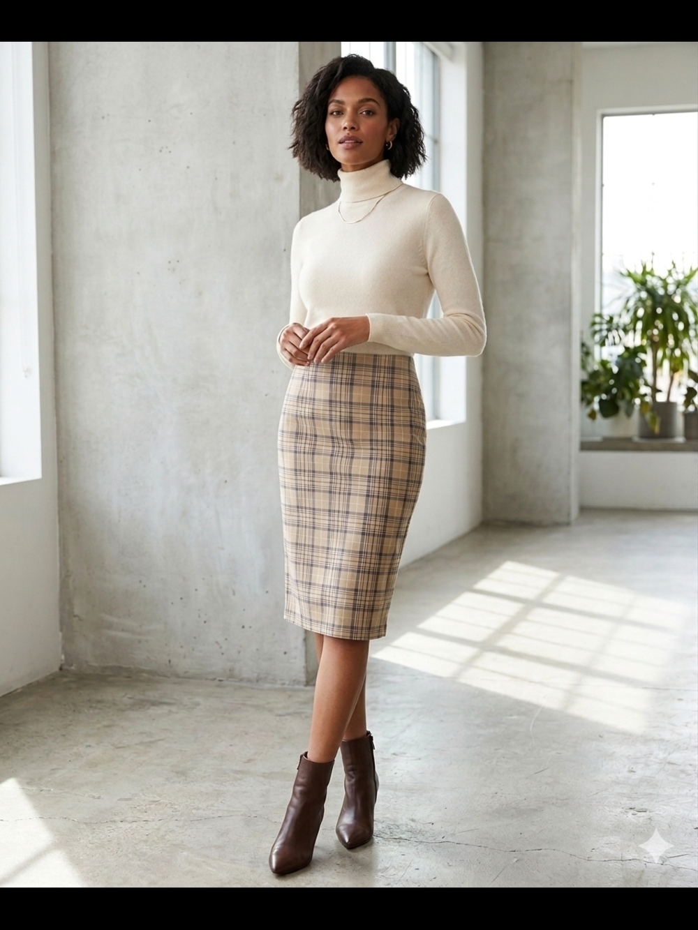 #89 - The Limited Stretch Plaid Pencil Skirt in Beige, Size 8